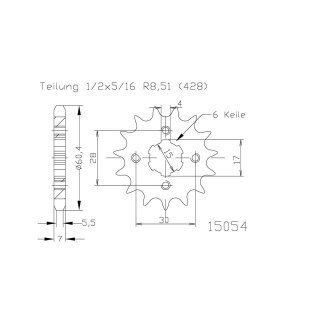 ESJOT Kettenritzel, 15 Zähne, 428er Teilung (1/2x5/16) Stahl,