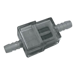 Benzinfilter Kunststoff, weiß, flach, Anschluss 7 mm für 6 mm Schlauchinnendurchmesser.