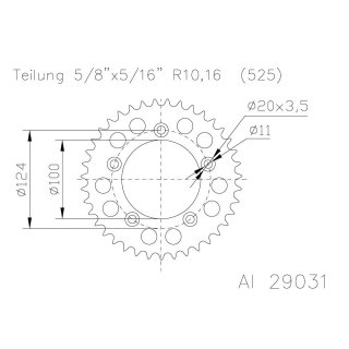 ESJOT Alu-Kettenrad 38 Zähne Alu 525er Teilung (5/8x5/16)